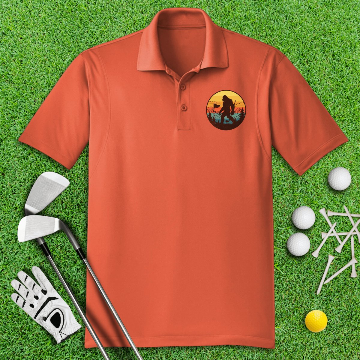 Bigfoot Wander Retro Sunset Golf Polo Shirt - TeeHee Golf Gear