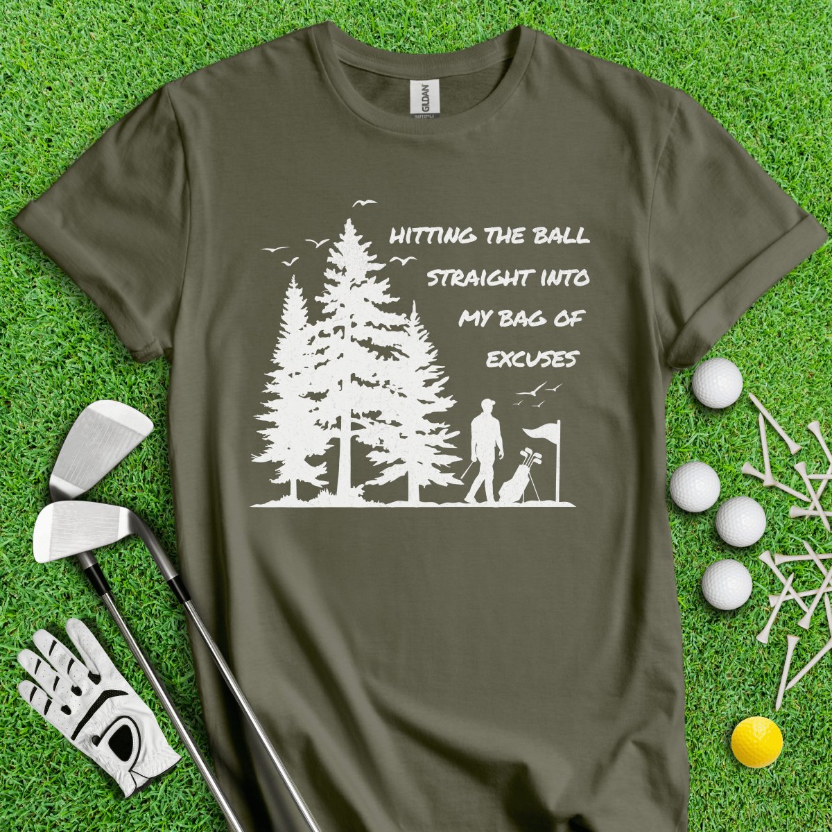 Hitting the Ball Straight into My Bag of Excuses Funny Golf T - Shirt - TeeHee Golf Gear