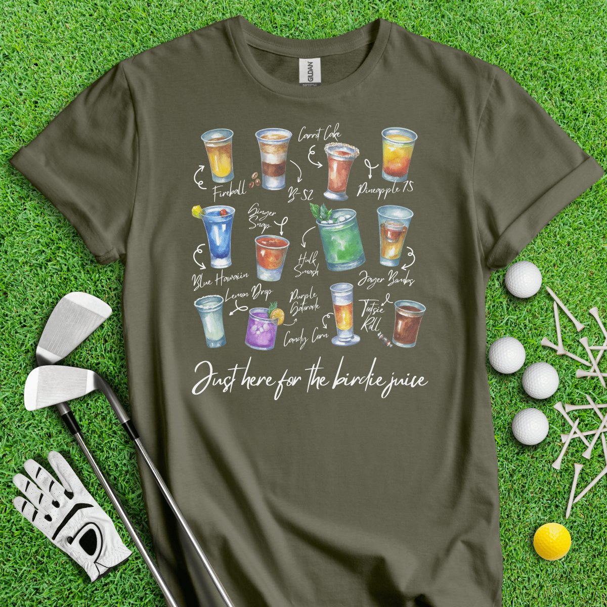 Just Here For The Birdie Juice Party Shots T - Shirt - TeeHee Golf Gear