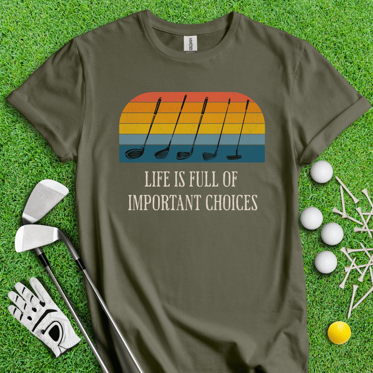 Life Is Full Of Important Choices Vintage Golf Club Sunset T - Shirt - TeeHee Golf Gear