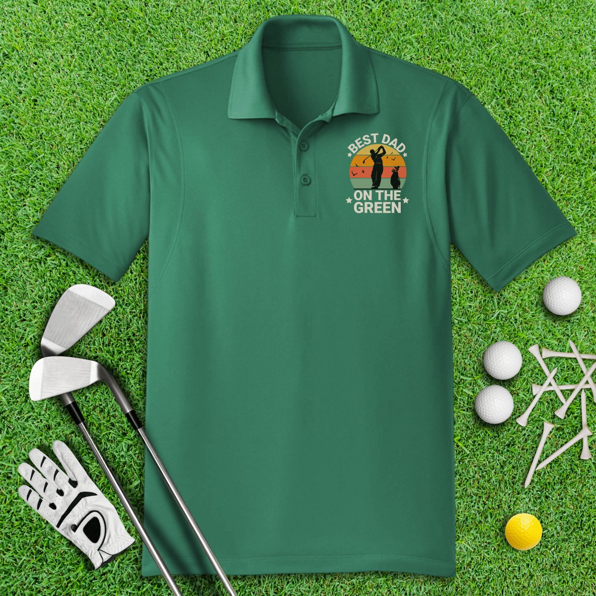 Best Dad On The Green Retro Sunset Polo Shirt - TeeHee Golf Gear