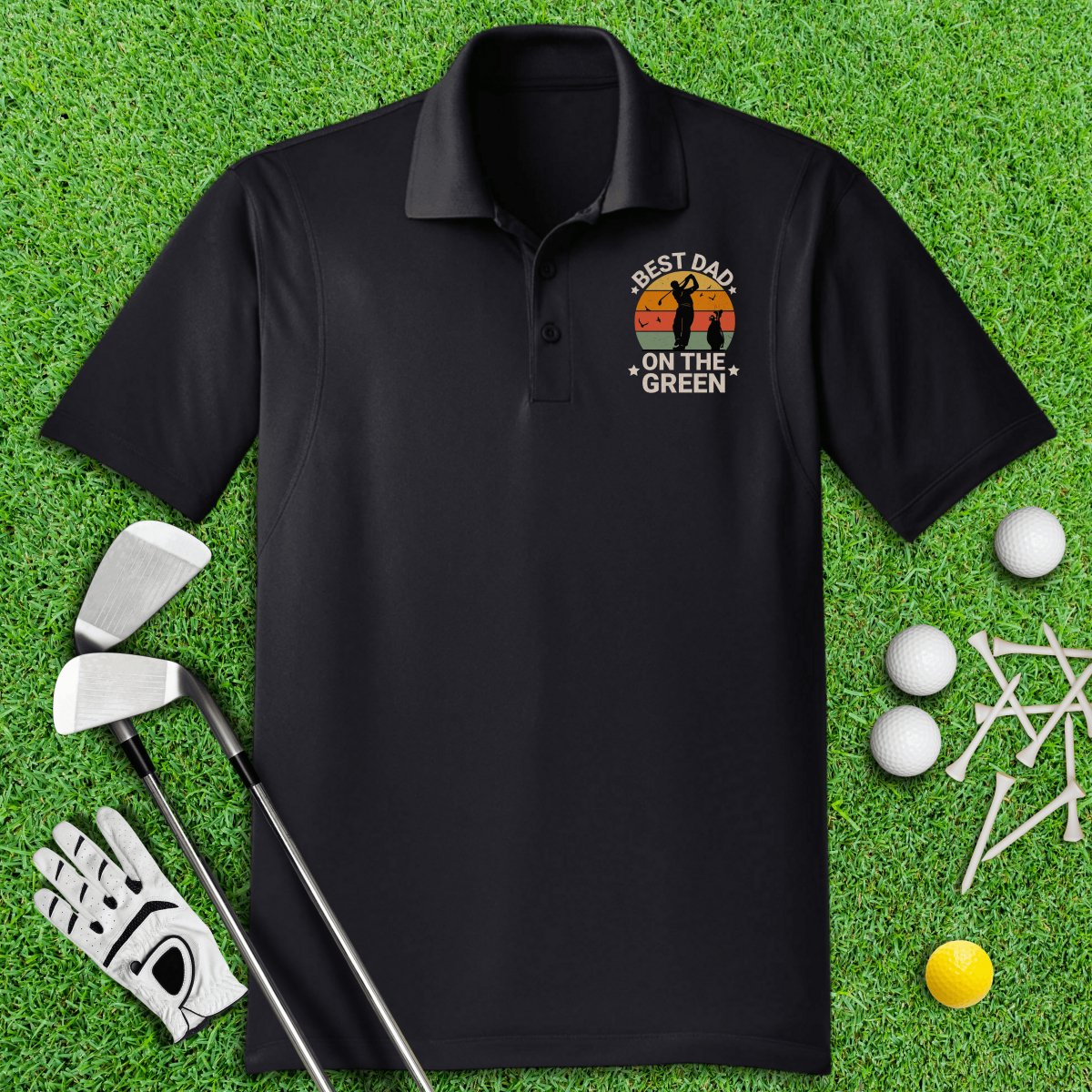 Best Dad On The Green Retro Sunset Polo Shirt - TeeHee Golf Gear