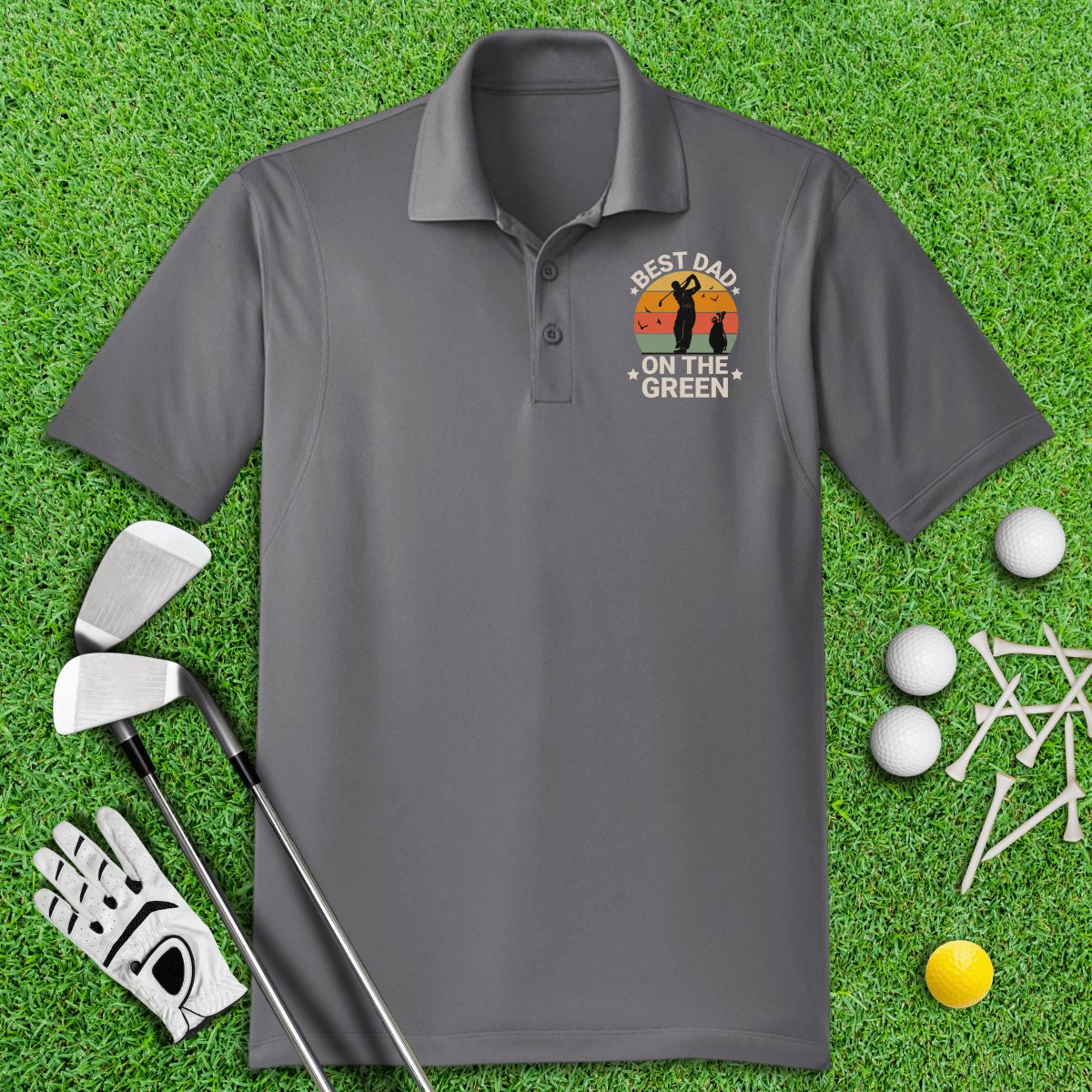 Best Dad On The Green Retro Sunset Polo Shirt - TeeHee Golf Gear