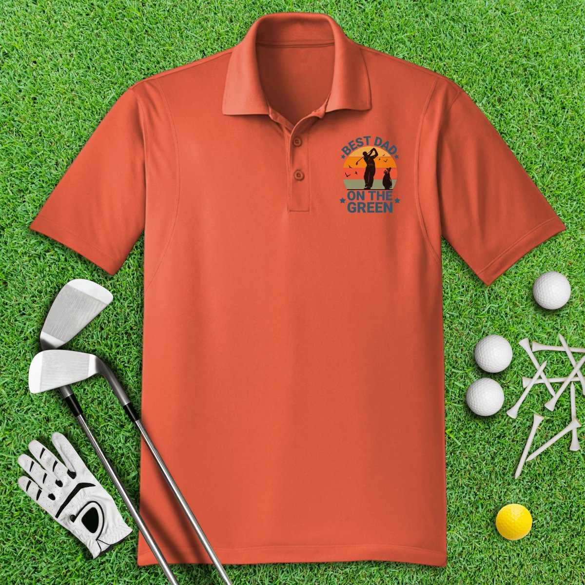 Best Dad On The Green Retro Sunset Polo Shirt - TeeHee Golf Gear