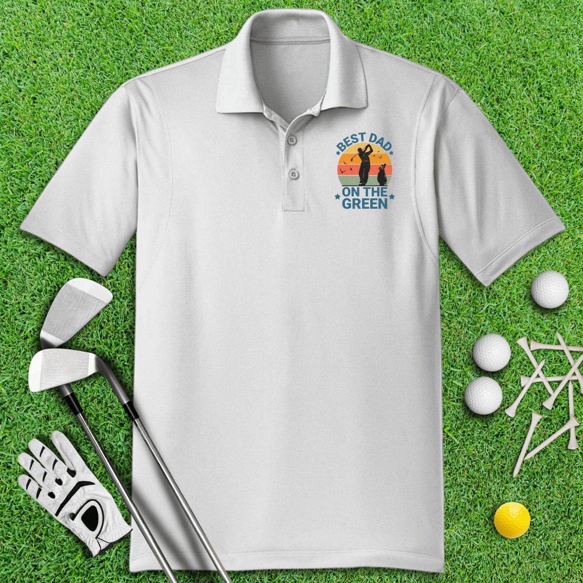 Best Dad On The Green Retro Sunset Polo Shirt - TeeHee Golf Gear