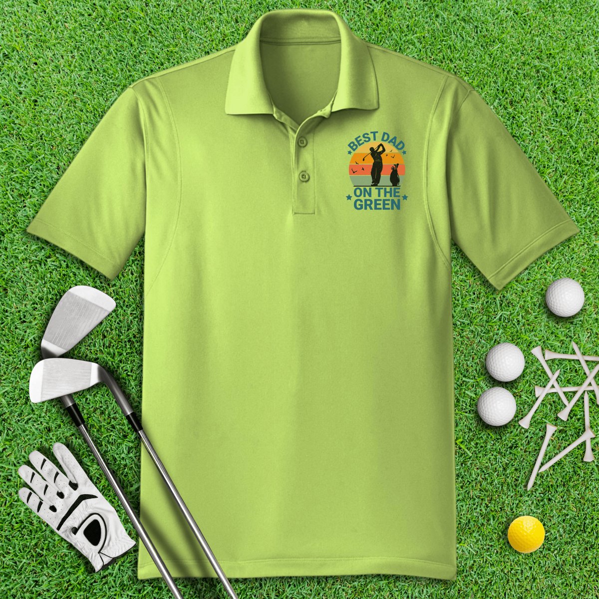 Best Dad On The Green Retro Sunset Polo Shirt - TeeHee Golf Gear