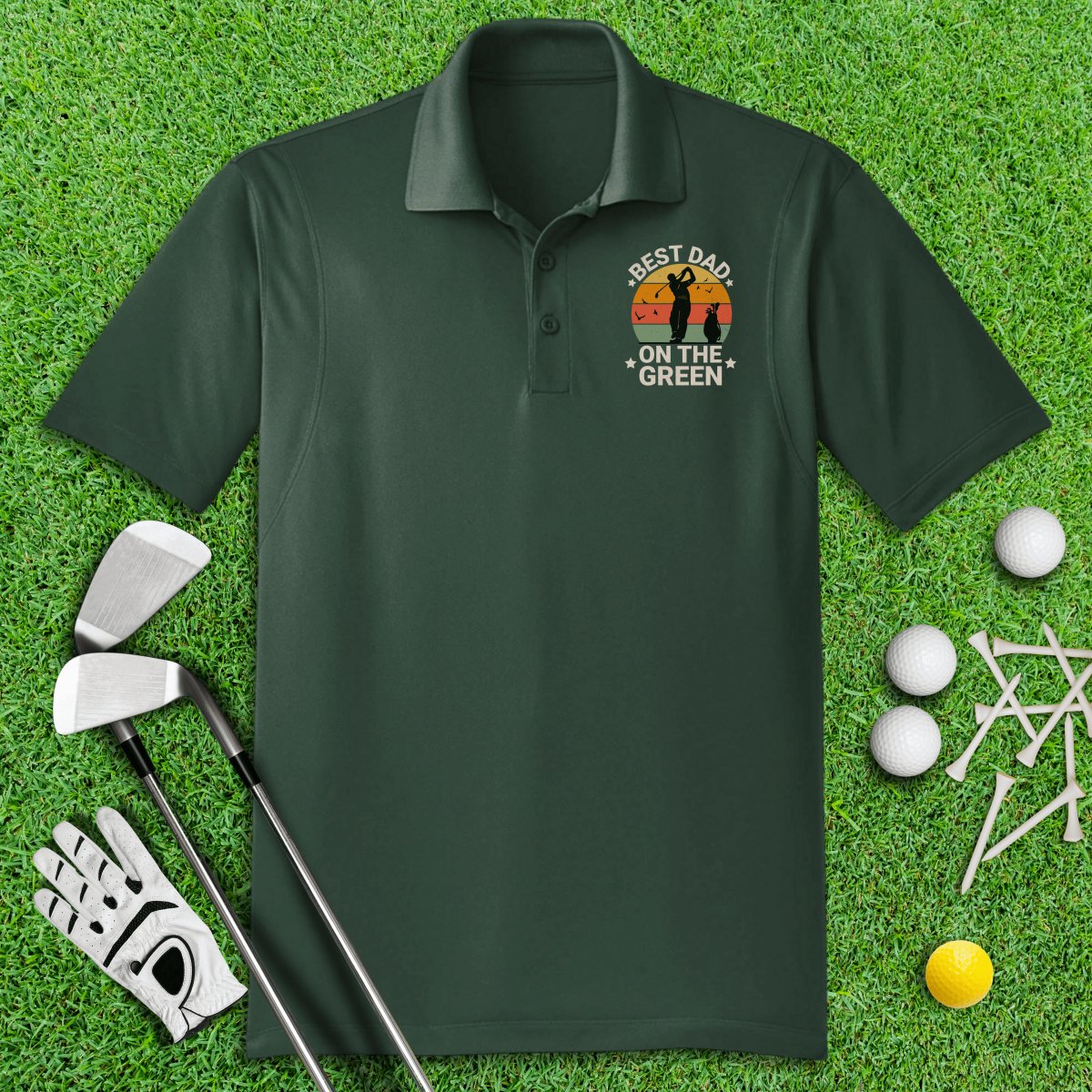 Best Dad On The Green Retro Sunset Polo Shirt - TeeHee Golf Gear