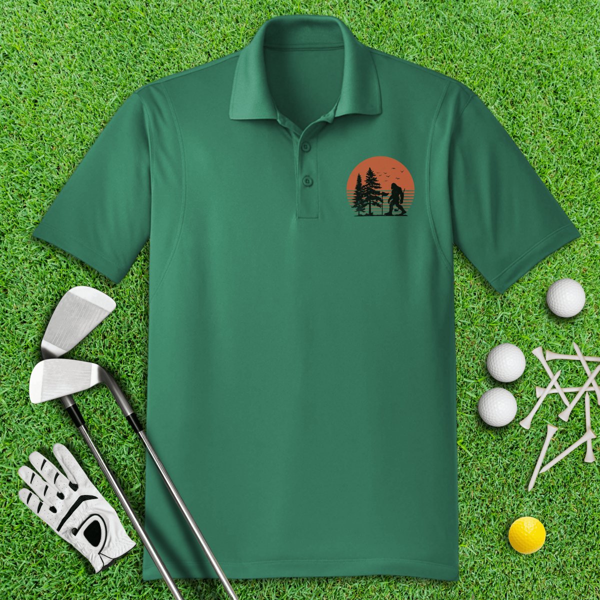 Bigfoot Wander Retro Sunset Golf Polo Shirt - TeeHee Golf Gear