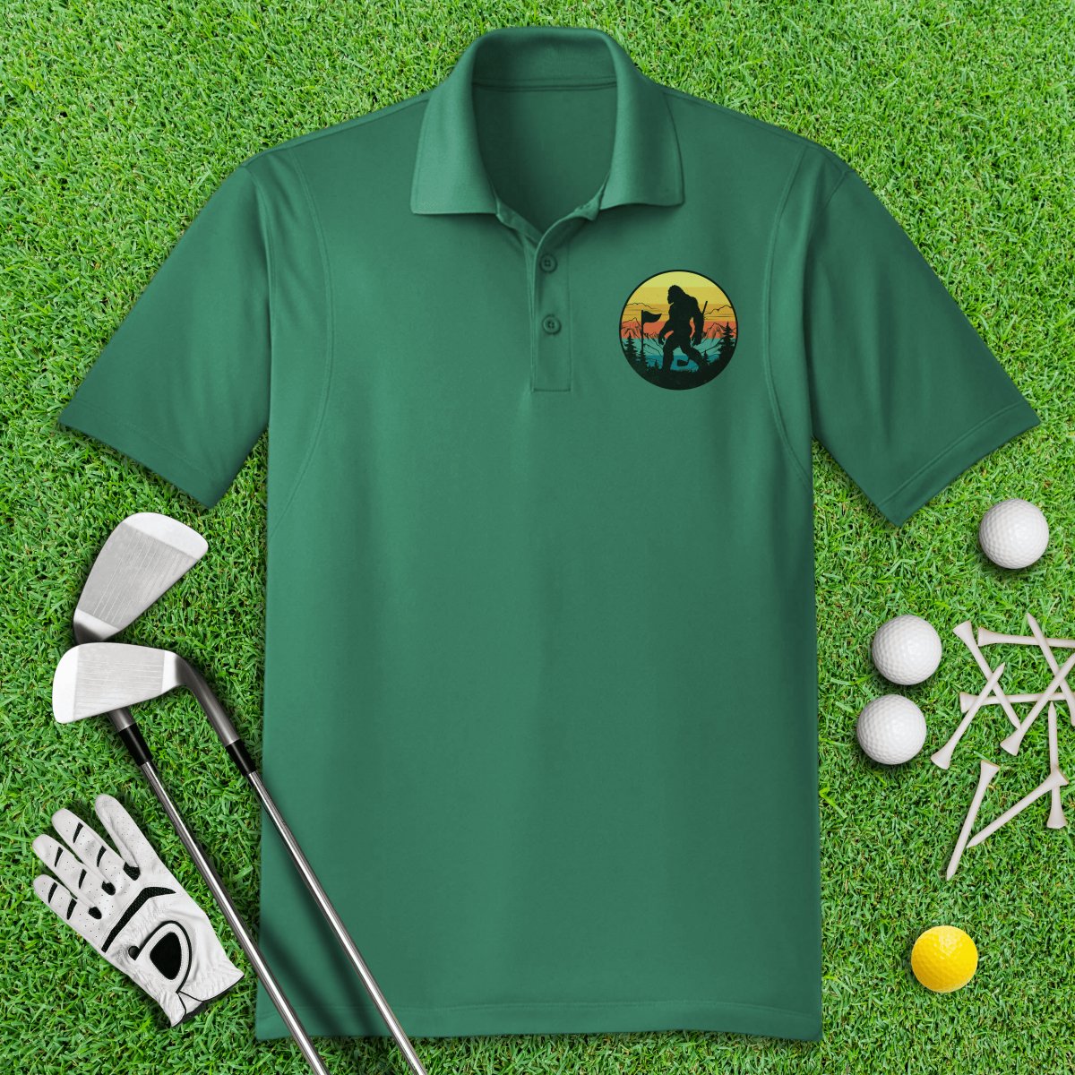 Bigfoot Wander Retro Sunset Golf Polo Shirt - TeeHee Golf Gear