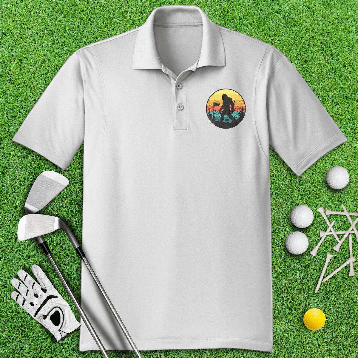Bigfoot Wander Retro Sunset Golf Polo Shirt - TeeHee Golf Gear