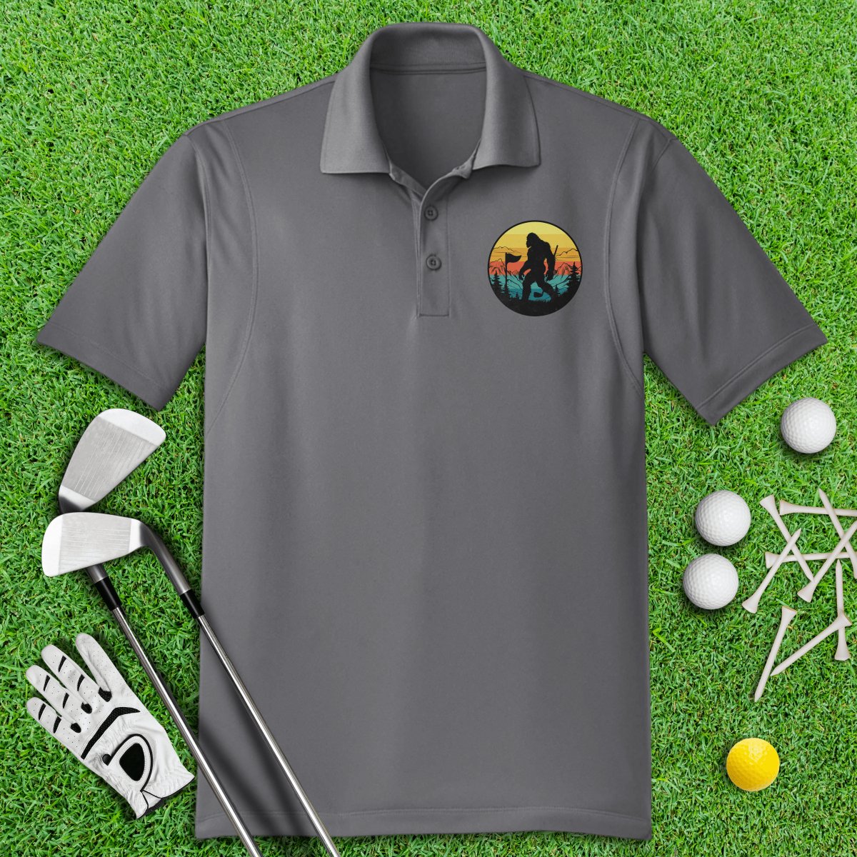 Bigfoot Wander Retro Sunset Golf Polo Shirt - TeeHee Golf Gear