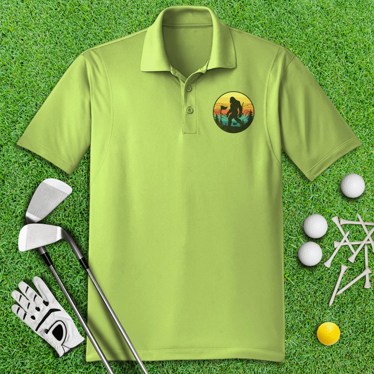 Bigfoot Wander Retro Sunset Golf Polo Shirt - TeeHee Golf Gear