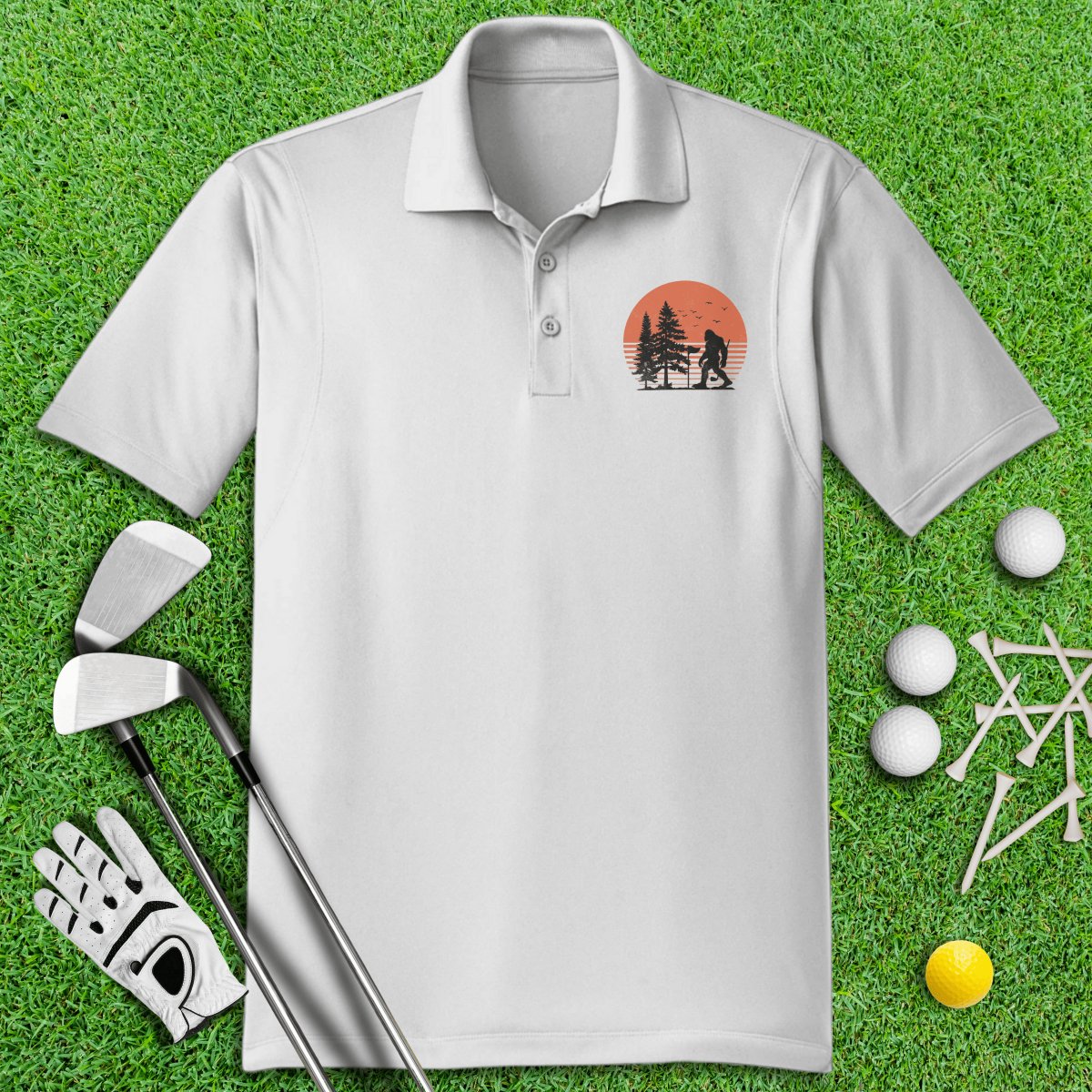 Bigfoot Wander Retro Sunset Golf Polo Shirt - TeeHee Golf Gear