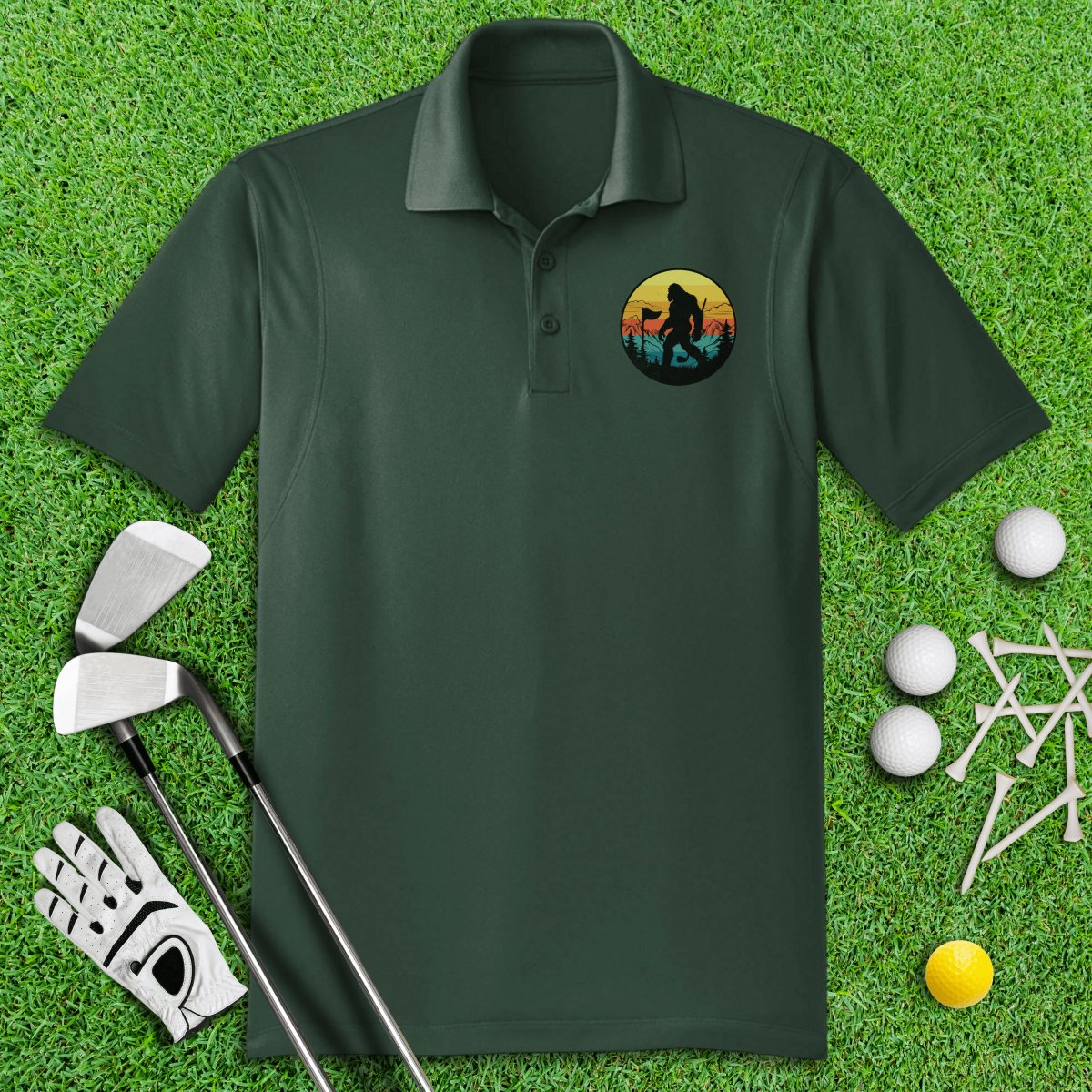 Bigfoot Wander Retro Sunset Golf Polo Shirt - TeeHee Golf Gear