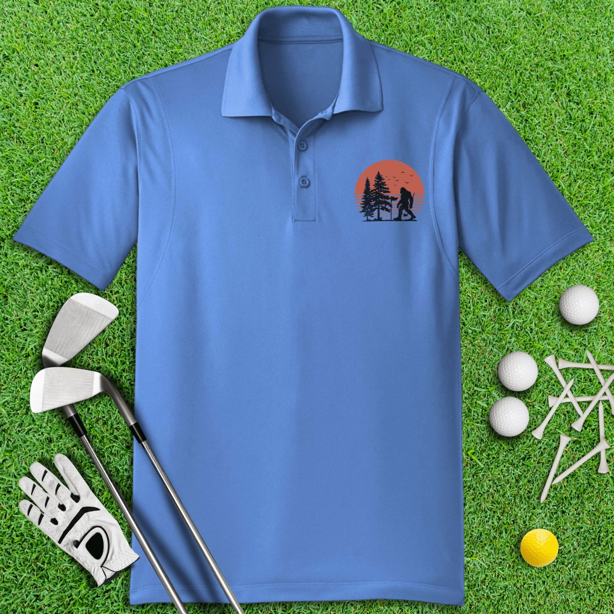 Bigfoot Wander Retro Sunset Golf Polo Shirt - TeeHee Golf Gear