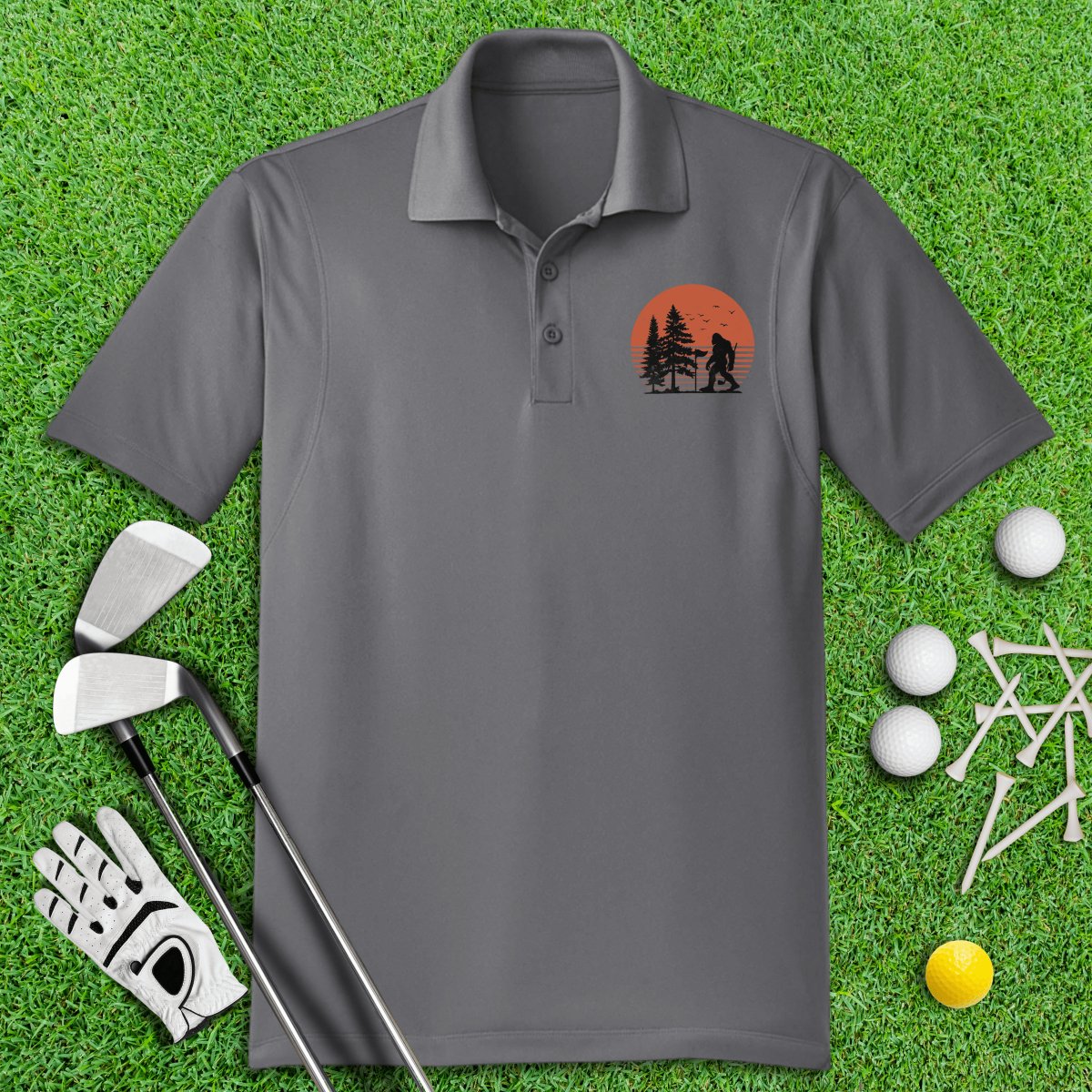 Bigfoot Wander Retro Sunset Golf Polo Shirt - TeeHee Golf Gear