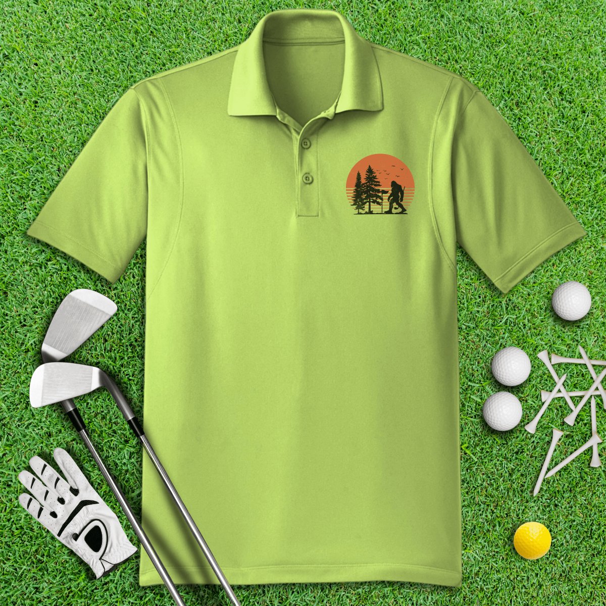 Bigfoot Wander Retro Sunset Golf Polo Shirt - TeeHee Golf Gear