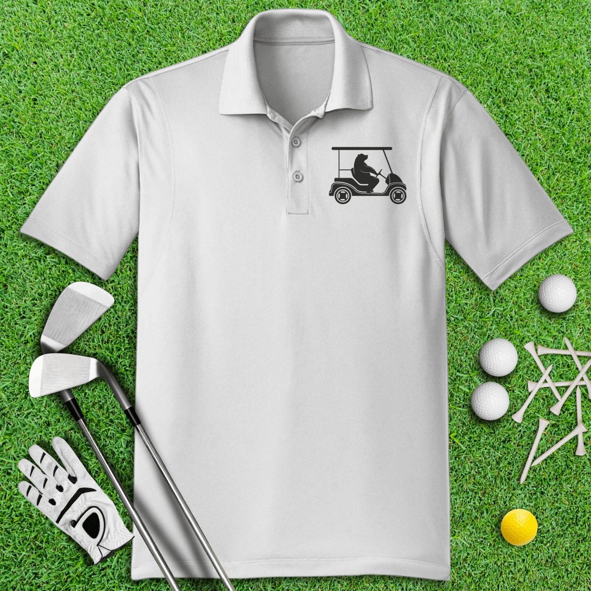 Funny Bear Driving Golf Cart Icon Polo Shirt - TeeHee Golf Gear