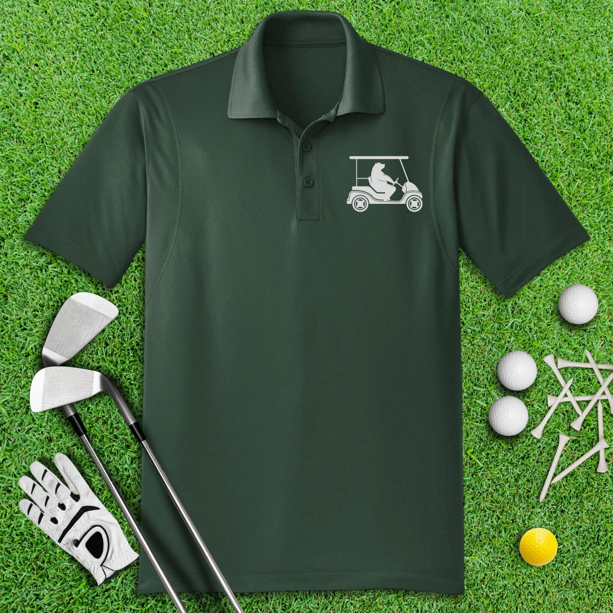 Funny Bear Driving Golf Cart Icon Polo Shirt - TeeHee Golf Gear