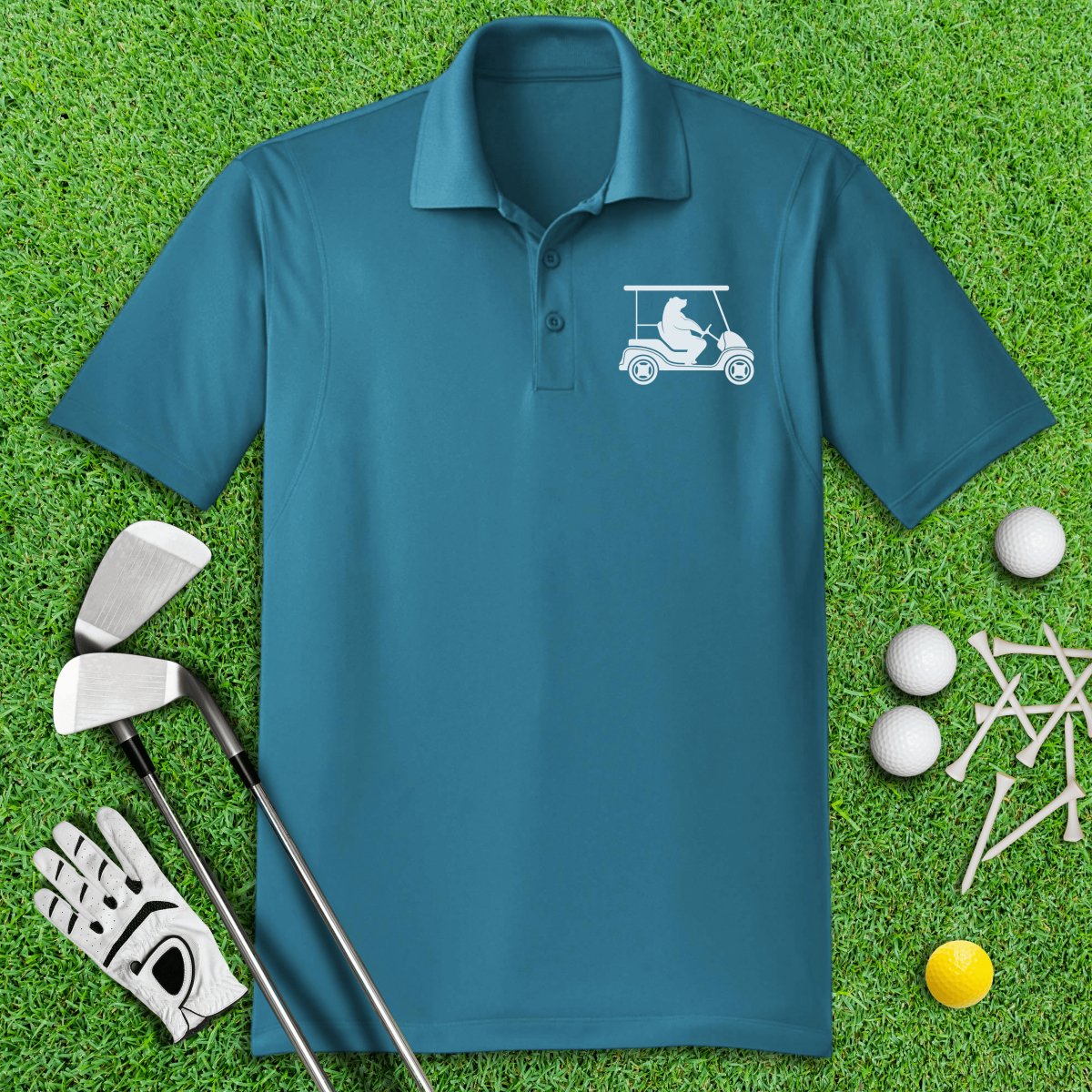 Funny Bear Driving Golf Cart Icon Polo Shirt - TeeHee Golf Gear