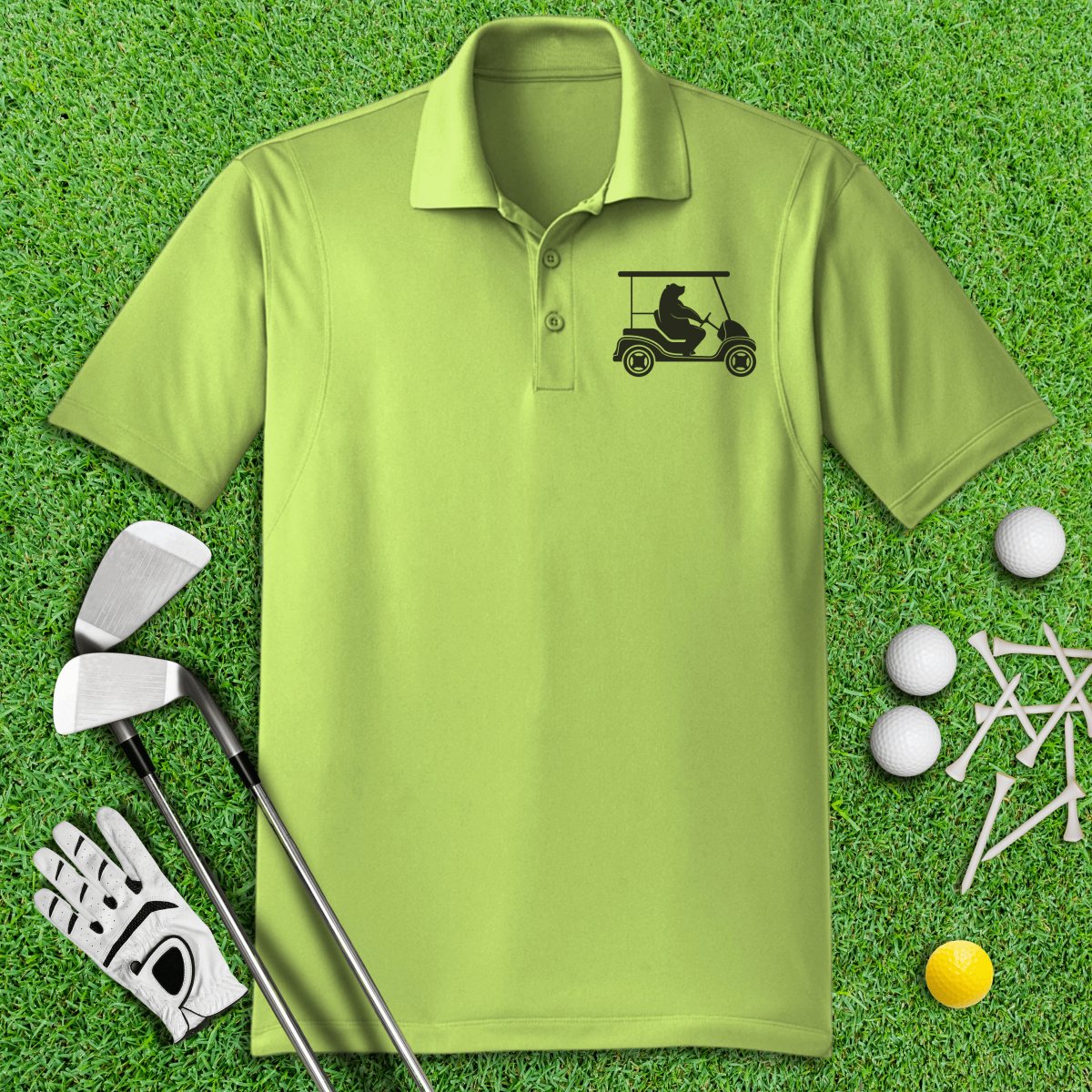 Funny Bear Driving Golf Cart Icon Polo Shirt - TeeHee Golf Gear