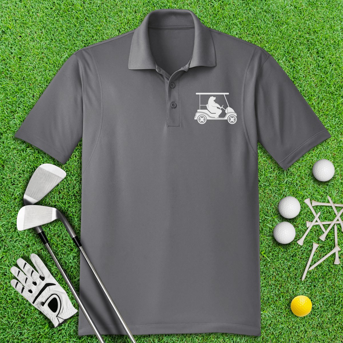 Funny Bear Driving Golf Cart Icon Polo Shirt - TeeHee Golf Gear