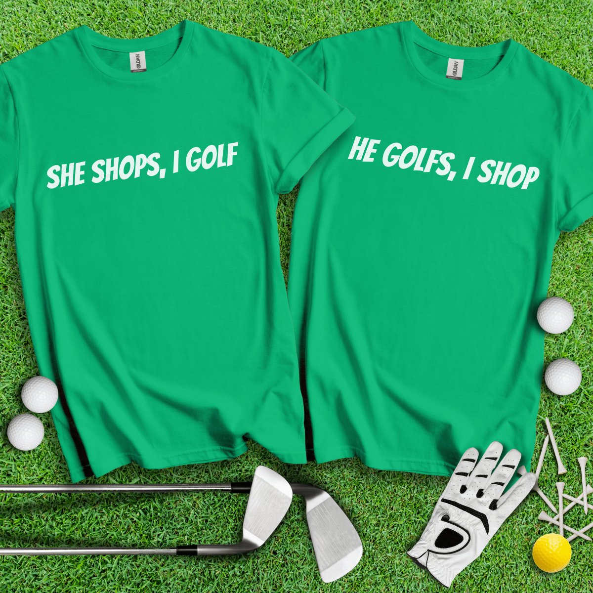 He Golfs, I Shop and I Golf, She Shops Funny Couple T - Shirt - TeeHee Golf Gear