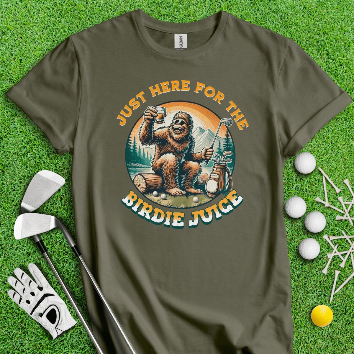 Just Here For The Birdie Juice Bigfoot T - Shirt - TeeHee Golf Gear