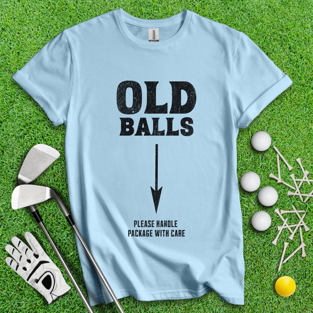 Old Balls, Please Handle Package With Care Funny Golf T - Shirt - TeeHee Golf Gear