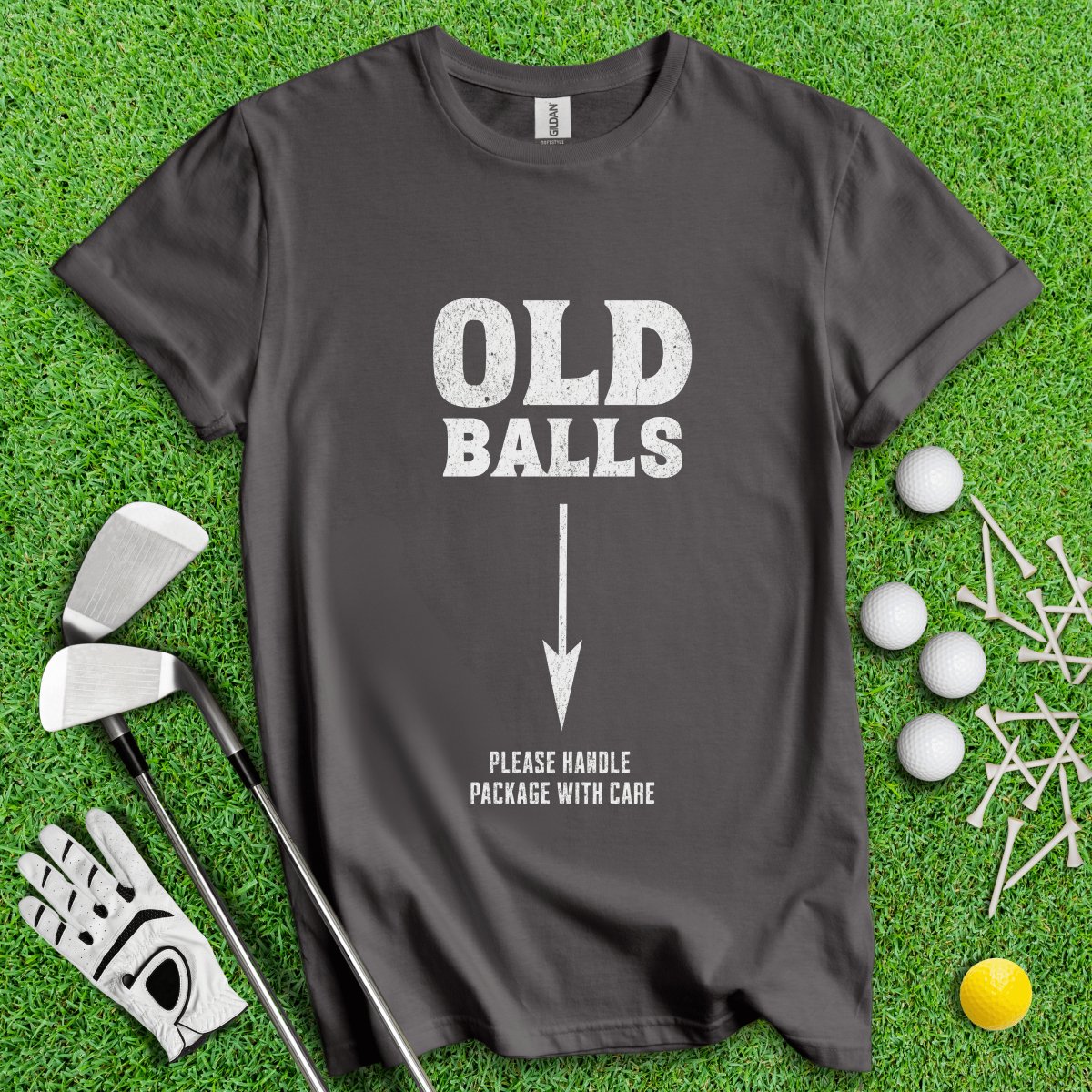 Old Balls, Please Handle Package With Care Funny Golf T - Shirt - TeeHee Golf Gear