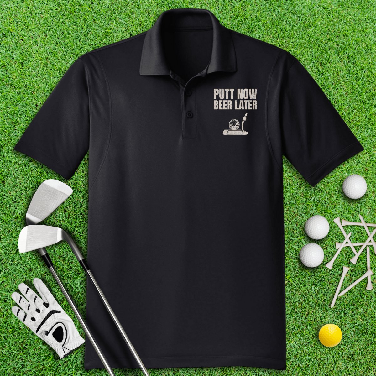 Putt Now Beer Later Funny Polo Shirt - TeeHee Golf Gear