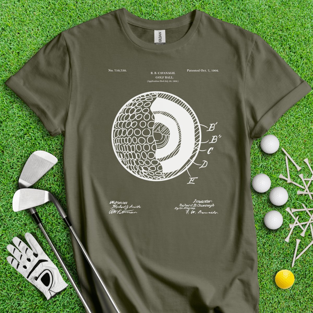 Vintage Golf Ball Patent Blueprint Golf T - Shirt - TeeHee Golf Gear