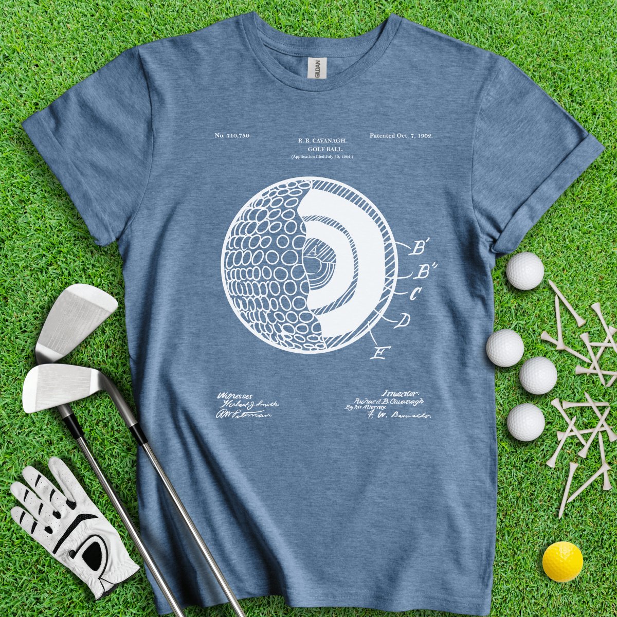 Vintage Golf Ball Patent Blueprint Golf T - Shirt - TeeHee Golf Gear