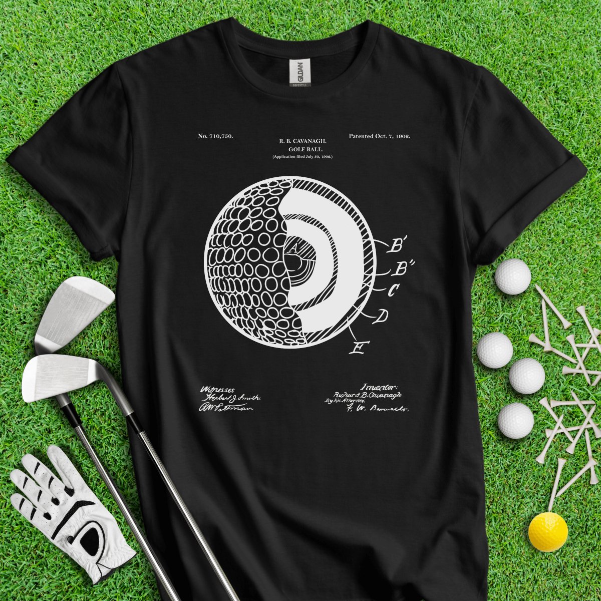 Vintage Golf Ball Patent Blueprint Golf T - Shirt - TeeHee Golf Gear